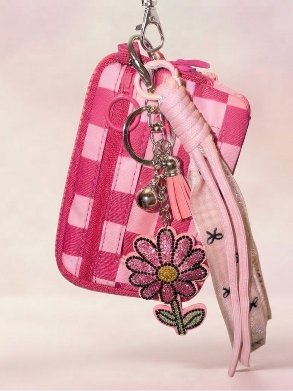 Pink Checkered wrist wallet Wallet with Flower Charm